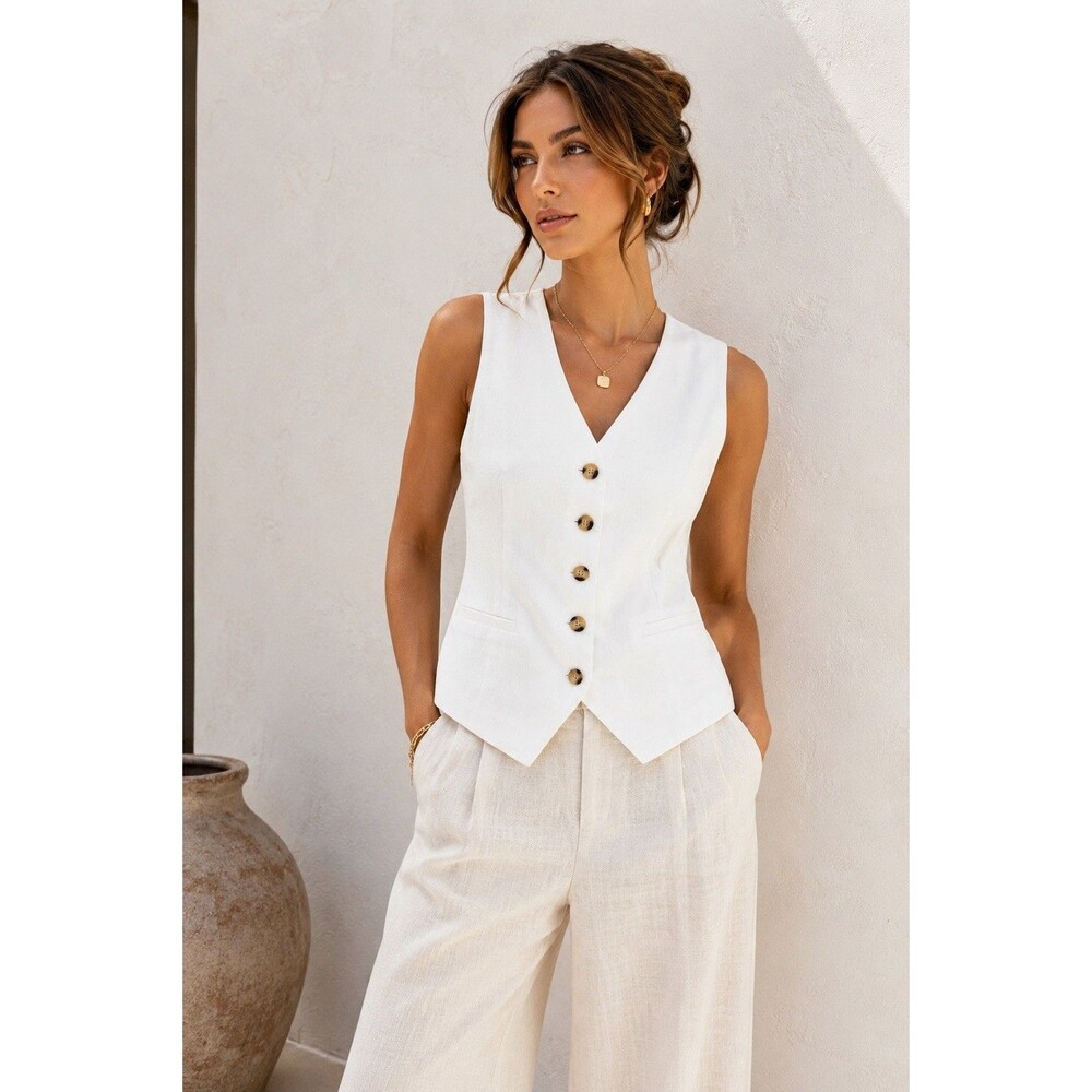 PrettyGarden White Sleeveless Button Front Vest Top Coastal Tailored Size S NWT